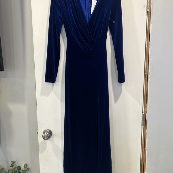 Royal Blue Velvet Long Sleeve V-Neck Maxi Dress with Slit