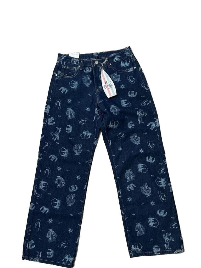 NWT Cali1850 Dark Wash Western All-Over Print Wide Leg Denim Jeans 2