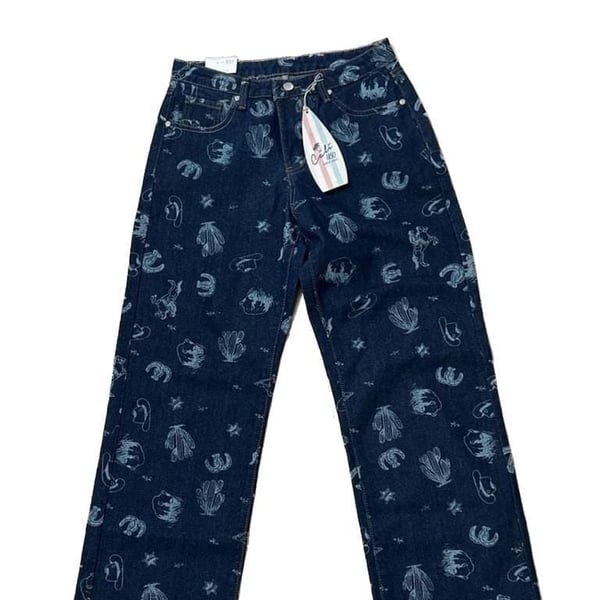 NWT Cali1850 Dark Wash Western All-Over Print Wide Leg Denim Jeans