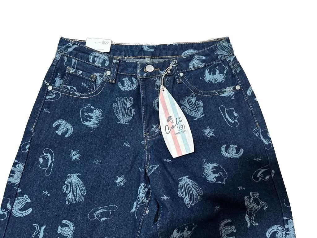 NWT Cali1850 Dark Wash Western All-Over Print Wide Leg Denim Jeans 3
