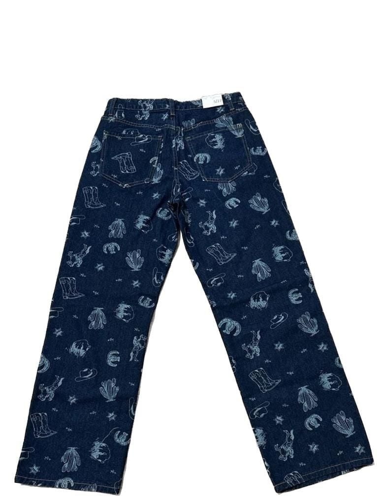 NWT Cali1850 Dark Wash Western All-Over Print Wide Leg Denim Jeans 8