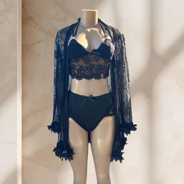 Black Lace Lingerie Set – Bralette, Panty & Sheer Robe 3 Piece Sexy Elegant ✧ M