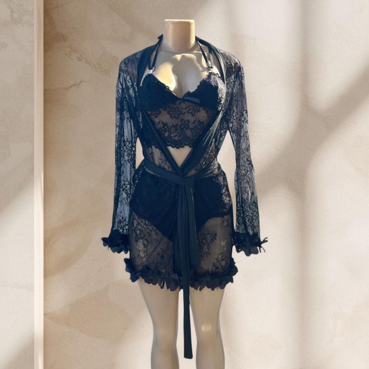 Black Lace Lingerie Set – Bralette, Panty & Sheer Robe 3 Piece Sexy Elegant ✧ S 2