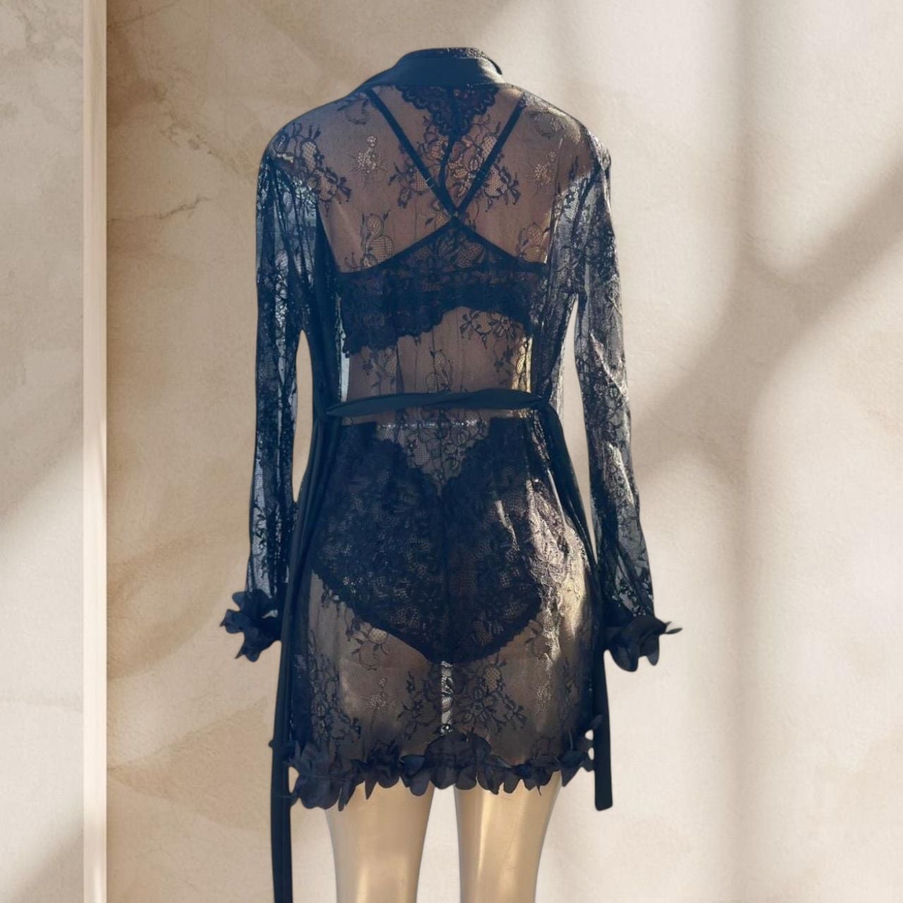 Black Lace Lingerie Set – Bralette, Panty & Sheer Robe 3 Piece Sexy Elegant ✧ S 3