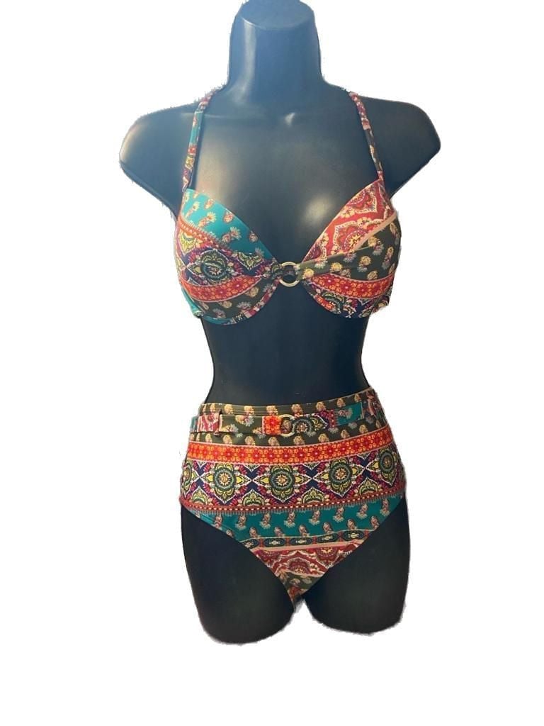 Time and Tru Women's Lace Racerback High Waist Bikini Set Ethnic Paisley Print 1