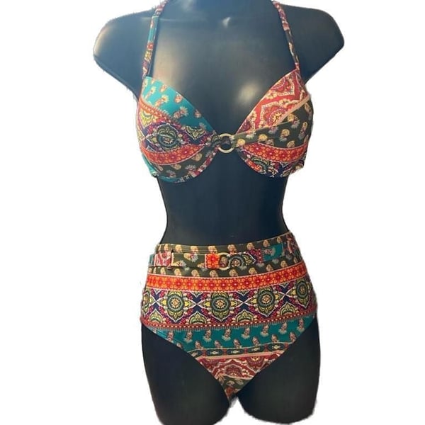 Time and Tru Women's Lace Racerback High Waist Bikini Set Ethnic Paisley Print