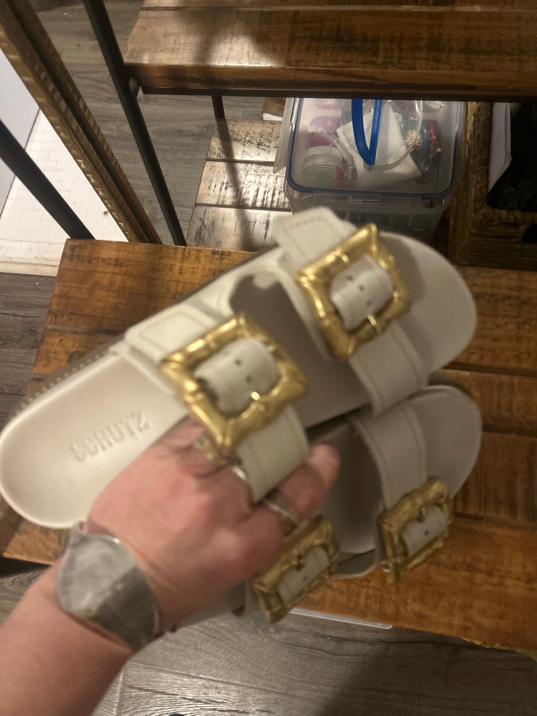 Schutz Enola Sporty Leather Slide Sandals with Gold Bamboo Buckles in Pearl 7
