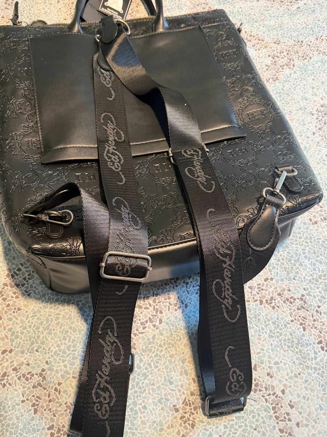 NWT Ed Hardy Black Embossed Skull Leather Backpack Tote with Rhinestones 9