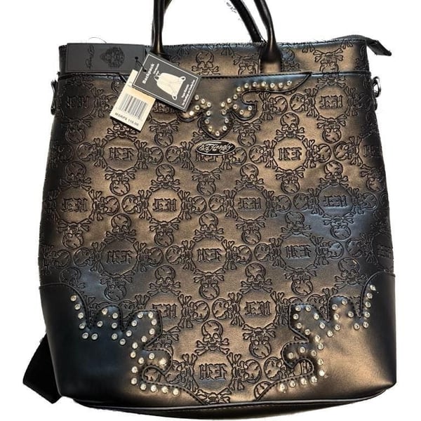 NWT Ed Hardy Black Embossed Skull Leather Backpack Tote with Rhinestones