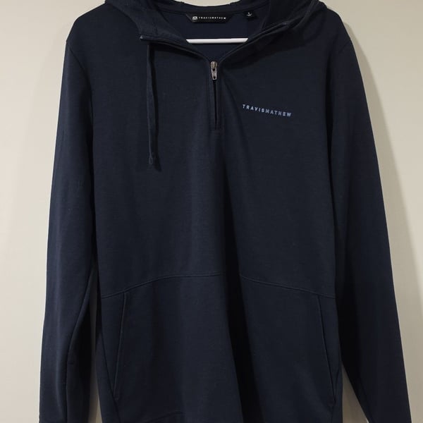 TravisMathew Men's Navy 1/4 Zip Hoodie with Palm Tree Sleeve Detail Size Small