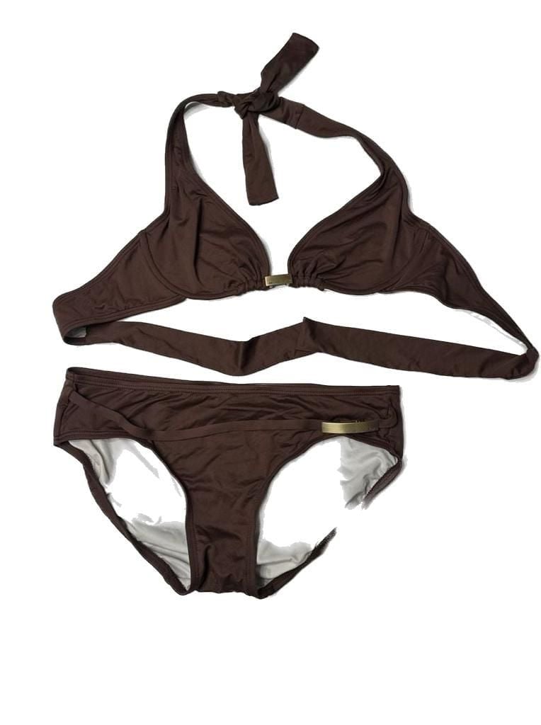 Authentic Michael Kors Brown Halter Bikini Two Piece Set with Gold Hardware 1