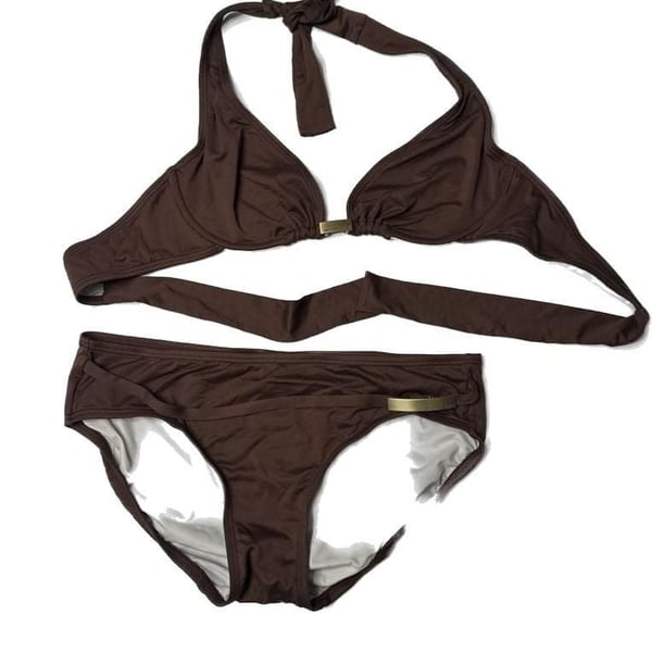 Authentic Michael Kors Brown Halter Bikini Two Piece Set with Gold Hardware