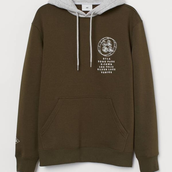 H&M Men's Dark Olive Green LA Graphic Hoodie with Contrast Grey Hood