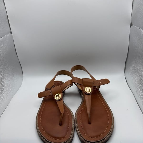 Tommy Hilfiger Bennia Brown Leather T-Strap Thong Sandals with Gold Logo Medallion
