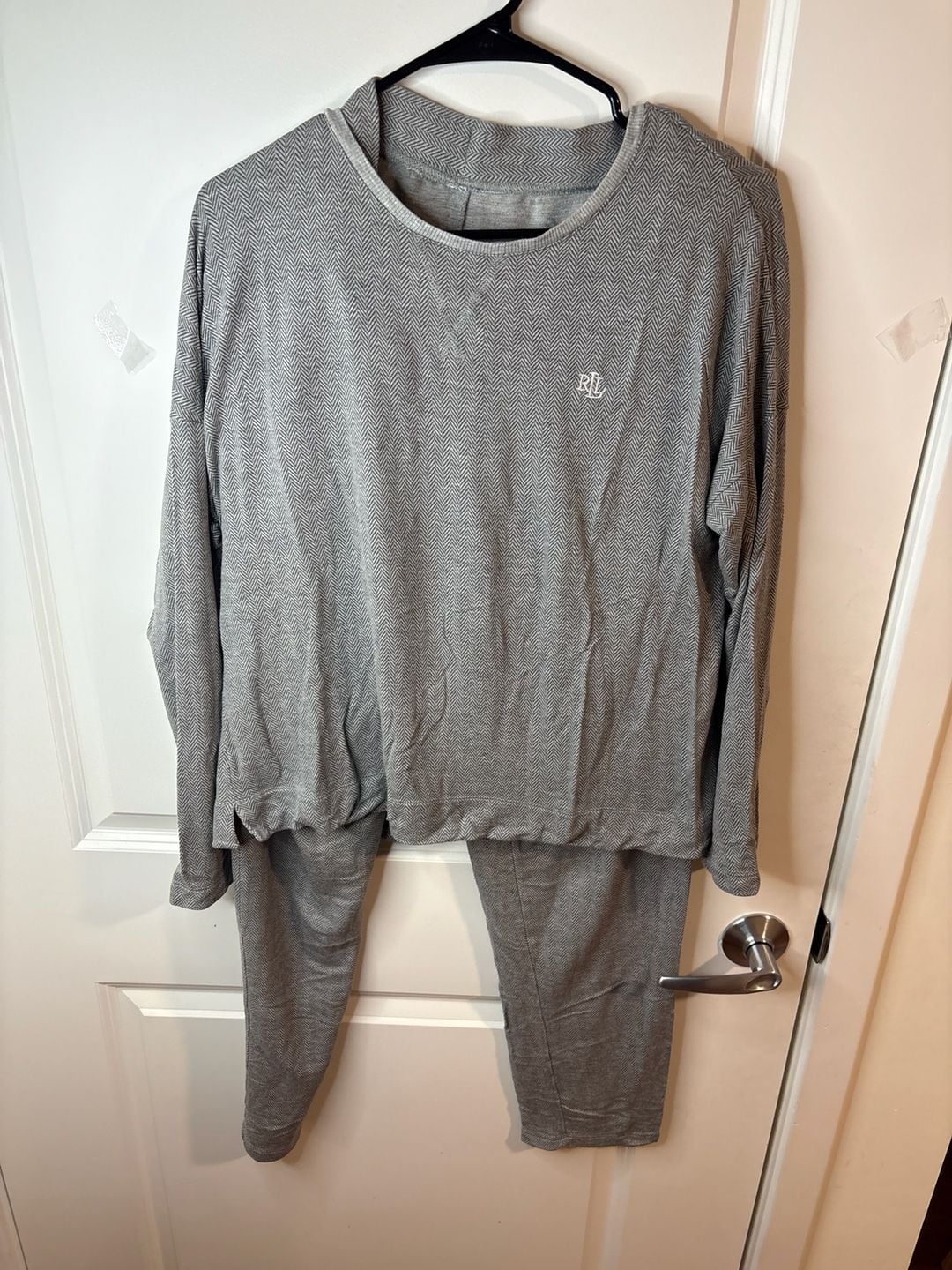 Lauren Ralph Lauren Grey Herringbone Knit Long Sleeve Pajama Loungewear Set 1