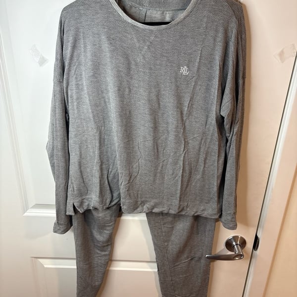 Lauren Ralph Lauren Grey Herringbone Knit Long Sleeve Pajama Loungewear Set