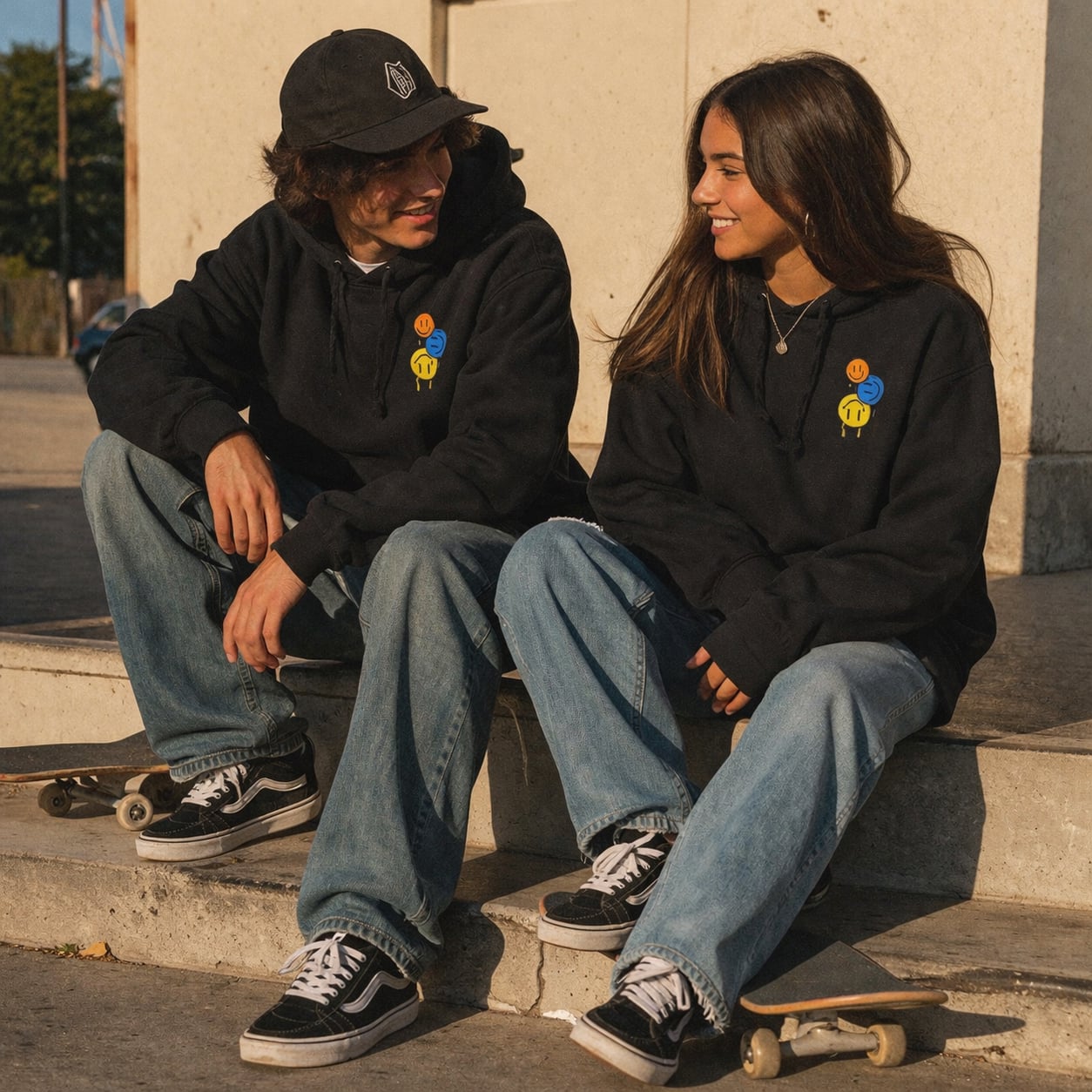 Denim Civilization Black Hoodie with Melting Triple Smiley Face Embroidery 2