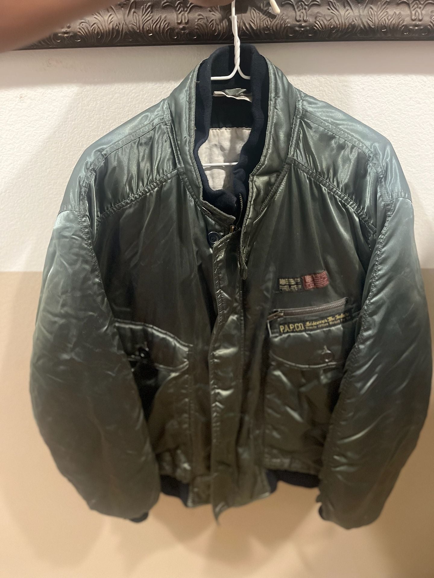 Vintage P.A.P.CO. Private Aviation Bomber Jacket Olive Green Iridescent Nylon 2