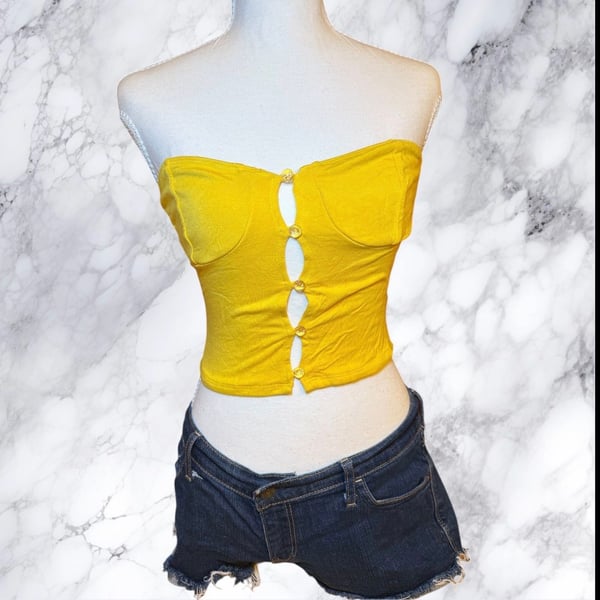 Yellow Strapless Corset Top Button Front Cutout Y2K Going Out Tube Top Women S