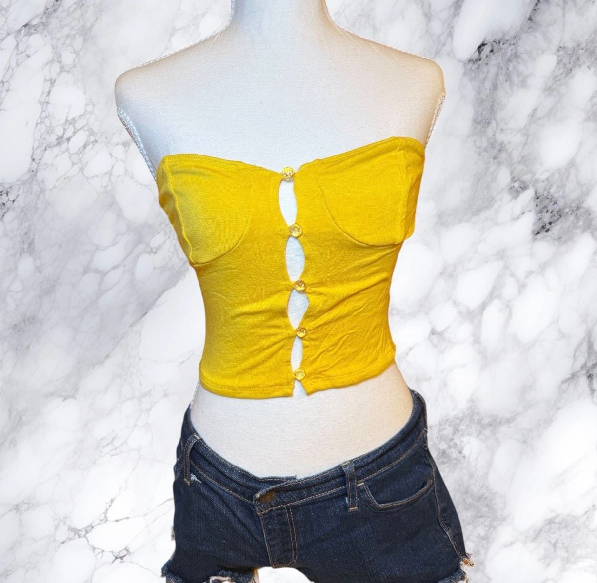Yellow Strapless Corset Top Button Front Cutout Y2K Going Out Tube Top Women S 7