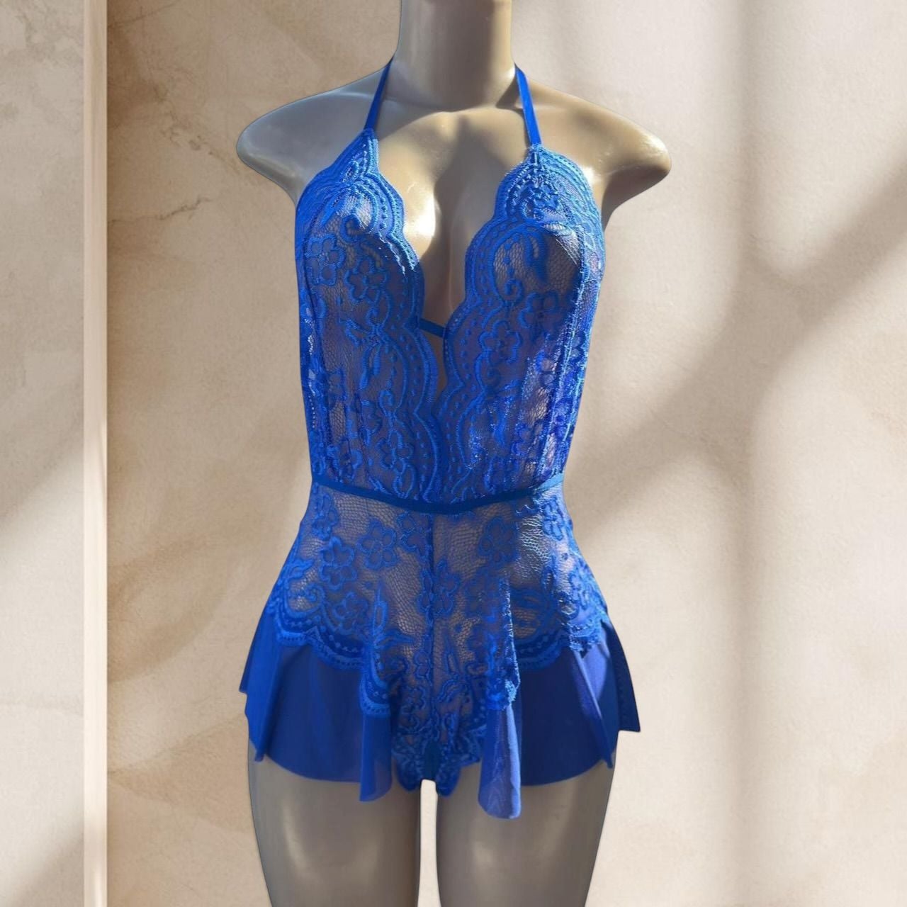 Blue Lace Bodysuit Lingerie – Halter Deep V Sheer Ruffle Detail Sexy ✧ L
1