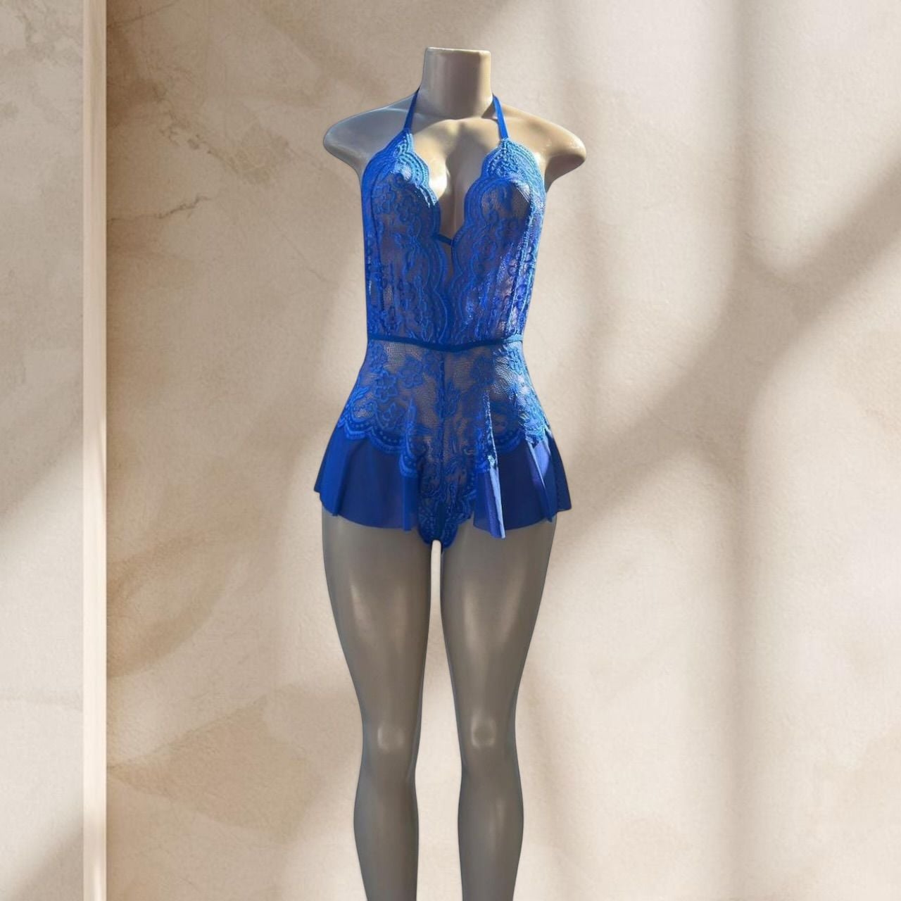 Blue Lace Bodysuit Lingerie – Halter Deep V Sheer Ruffle Detail Sexy ✧ L
2