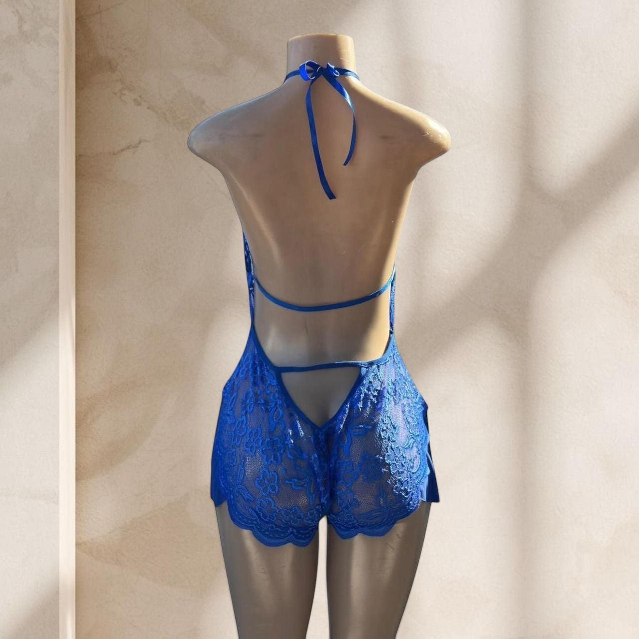 Blue Lace Bodysuit Lingerie – Halter Deep V Sheer Ruffle Detail Sexy ✧ L
3