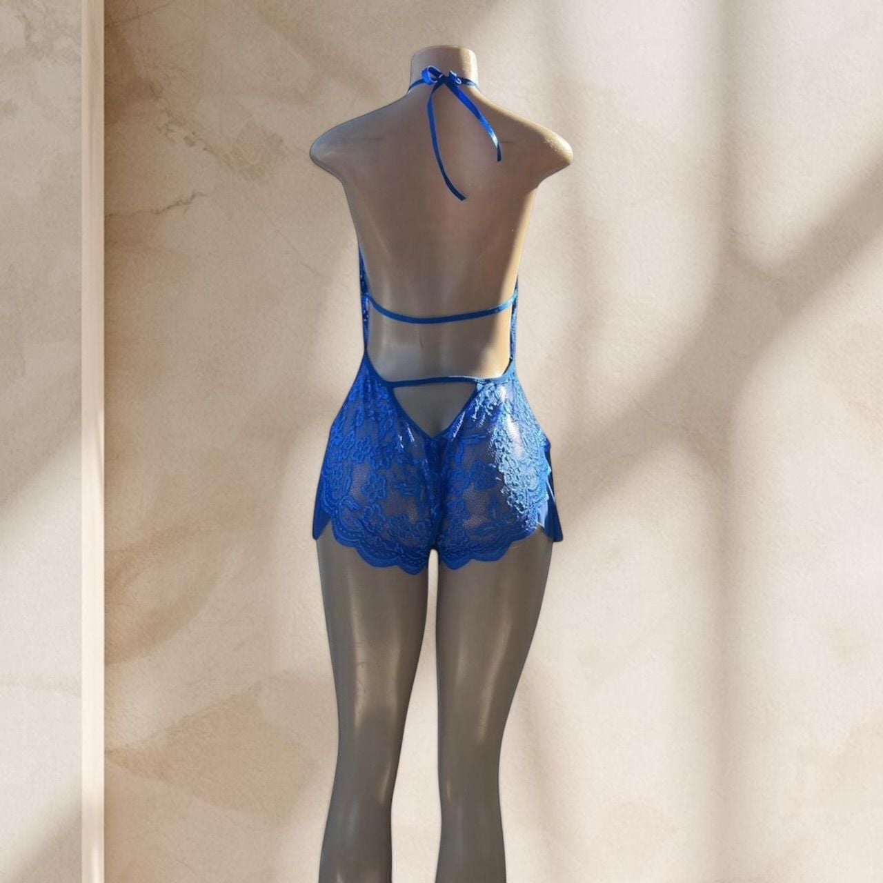 Blue Lace Bodysuit Lingerie – Halter Deep V Sheer Ruffle Detail Sexy ✧ L
4