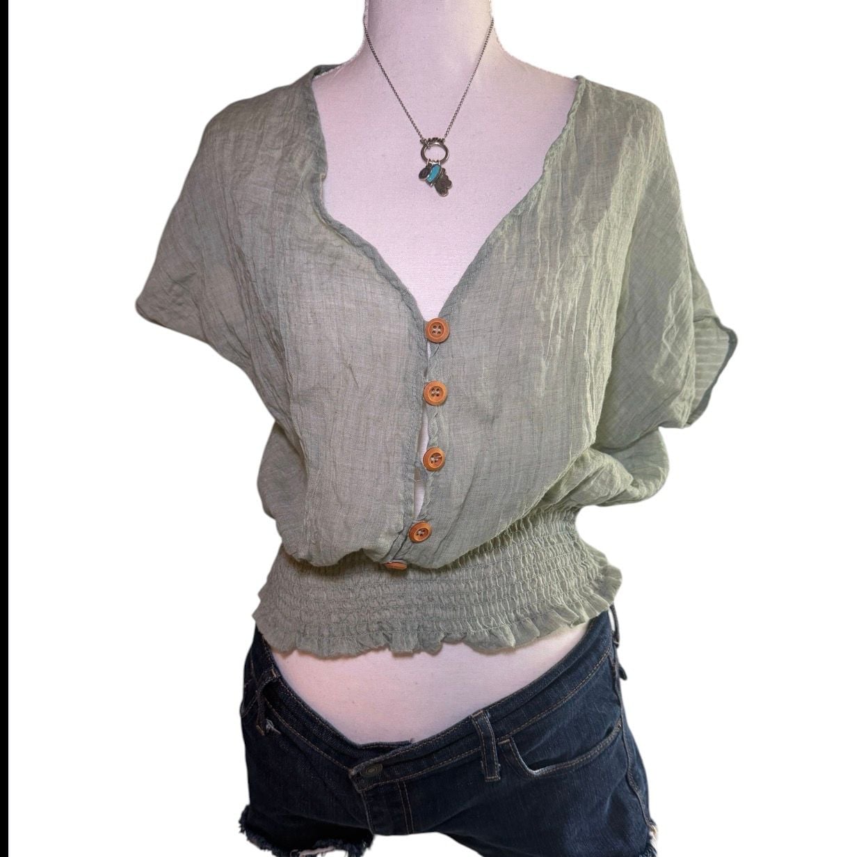 Purple Snow Sage Green Linen Crop Top Boho Smocked Waist Button Front Womens L 2