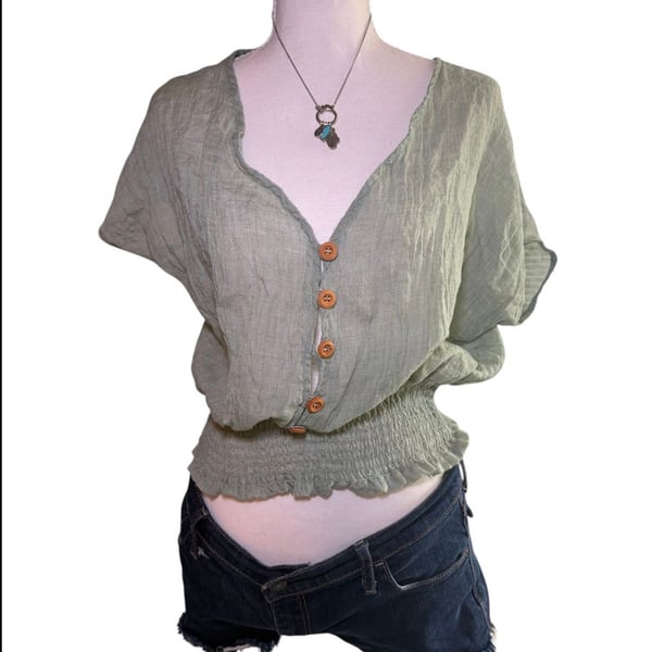 Purple Snow Sage Green Linen Crop Top Boho Smocked Waist Button Front Womens L