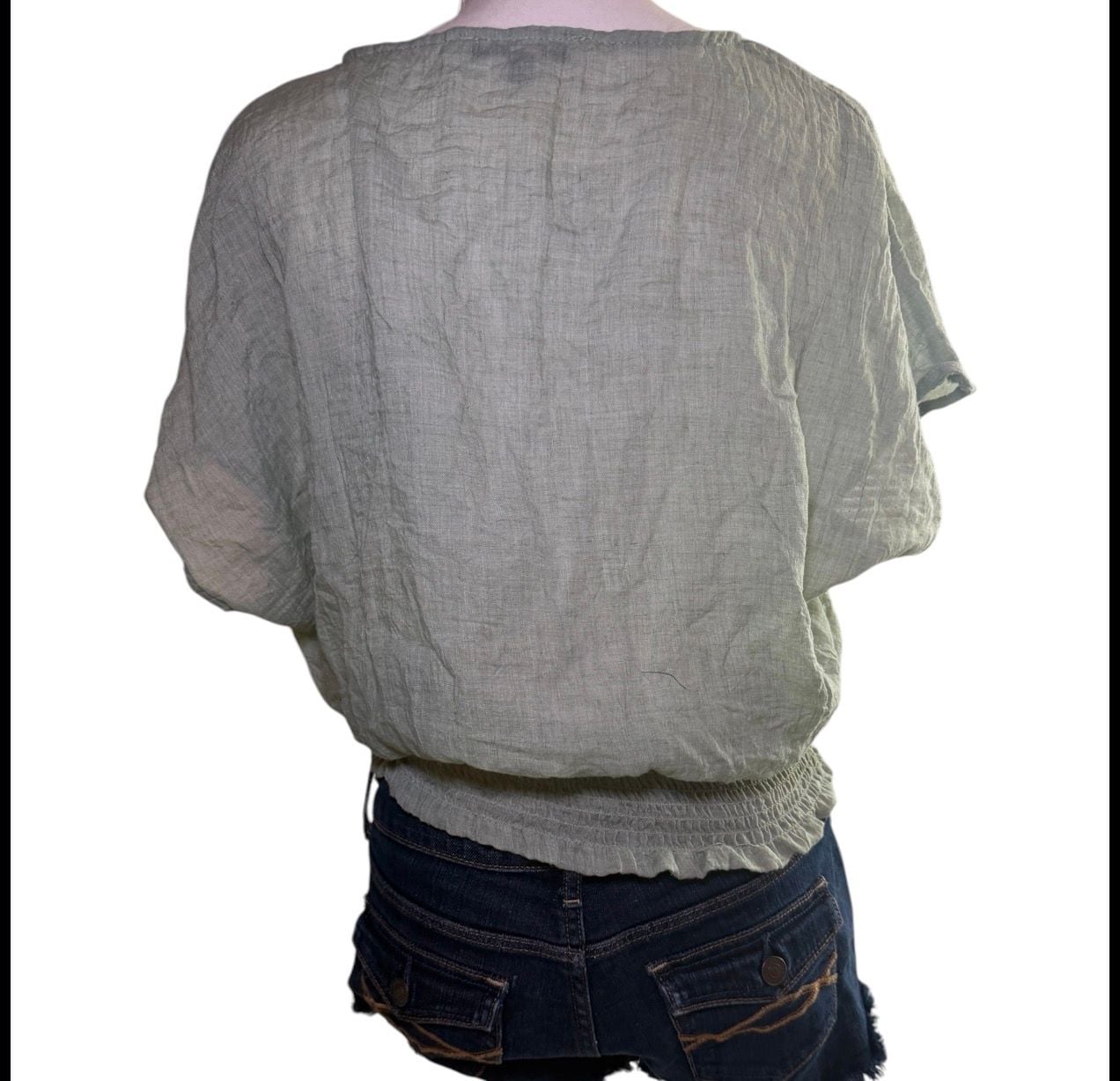 Purple Snow Sage Green Linen Crop Top Boho Smocked Waist Button Front Womens L 3