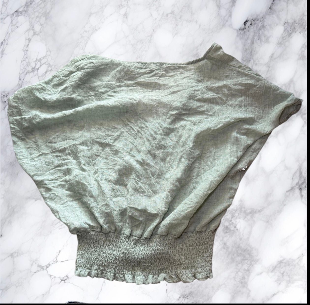 Purple Snow Sage Green Linen Crop Top Boho Smocked Waist Button Front Womens L 4