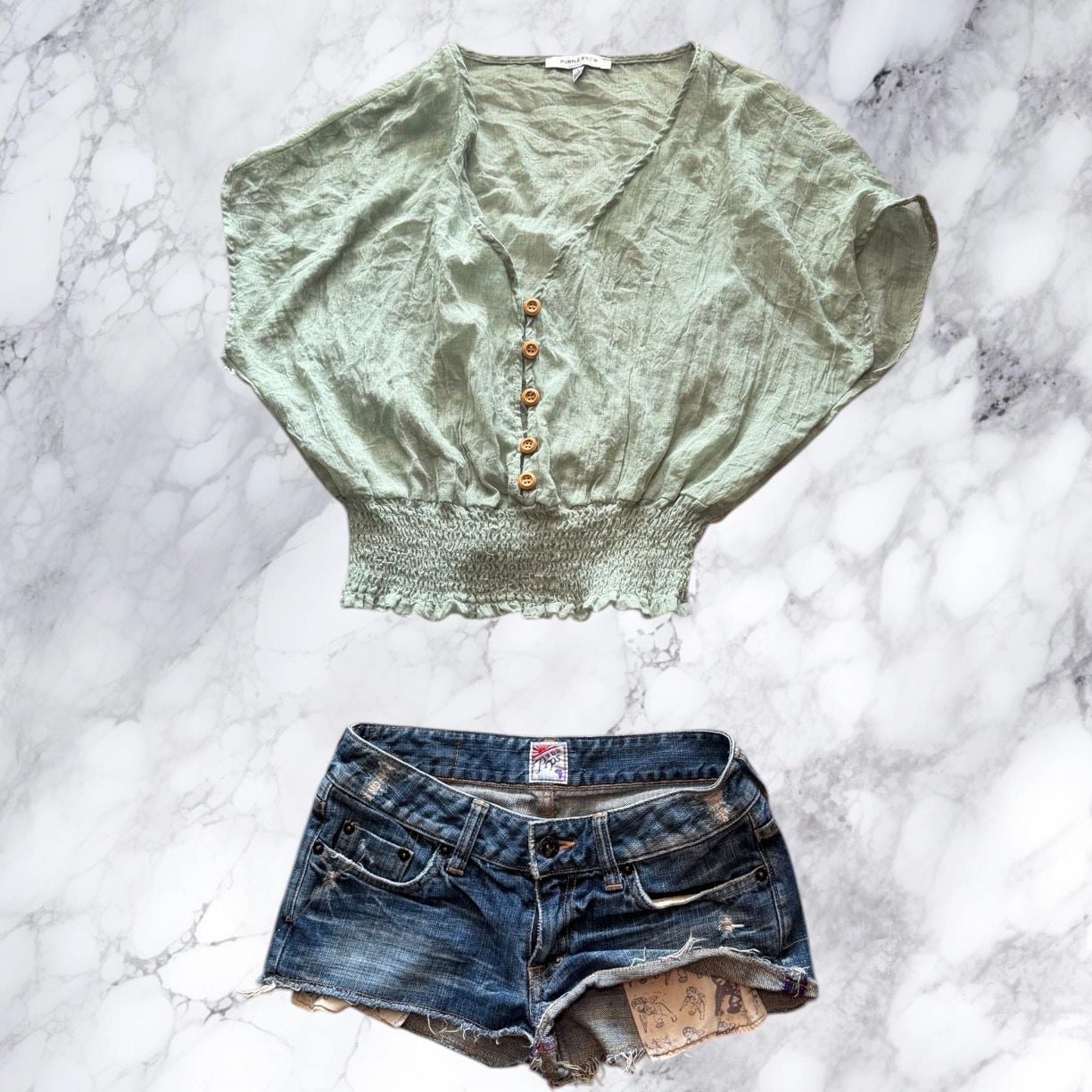 Purple Snow Sage Green Linen Crop Top Boho Smocked Waist Button Front Womens L 5