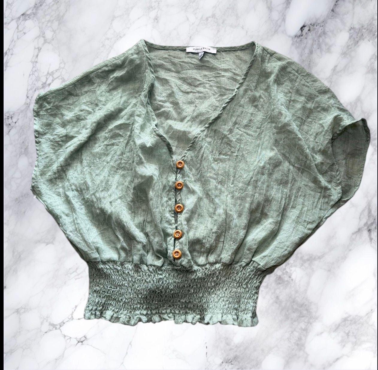 Purple Snow Sage Green Linen Crop Top Boho Smocked Waist Button Front Womens L 6