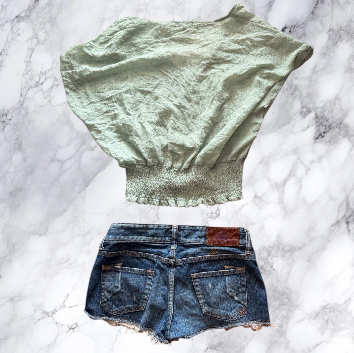 Purple Snow Sage Green Linen Crop Top Boho Smocked Waist Button Front Womens L 7