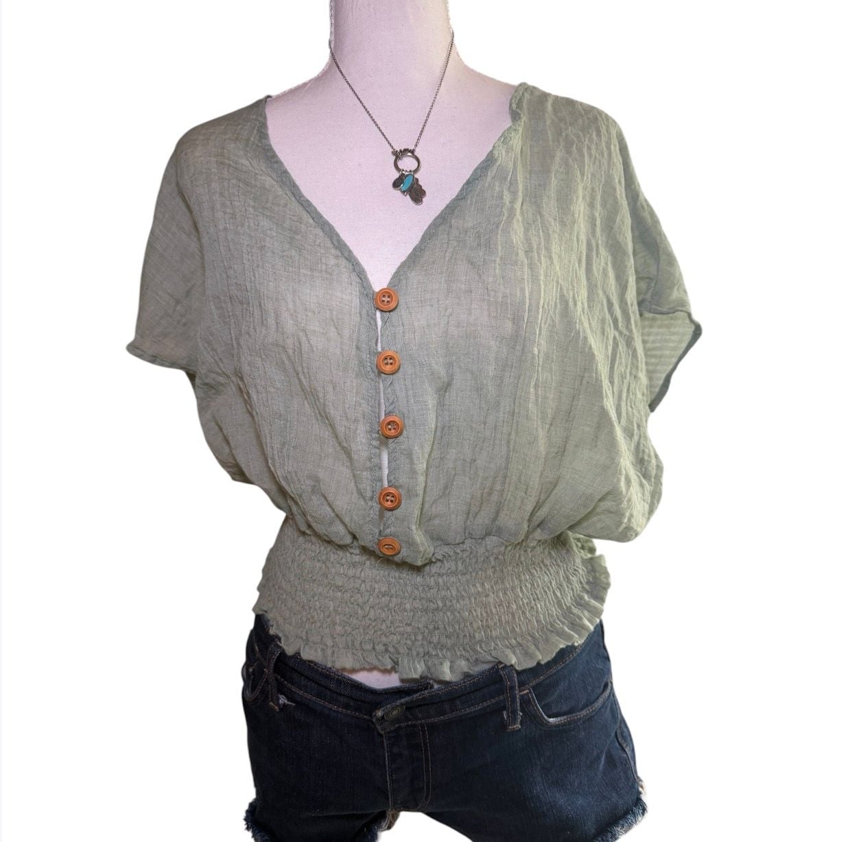 Purple Snow Sage Green Linen Crop Top Boho Smocked Waist Button Front Womens L 8