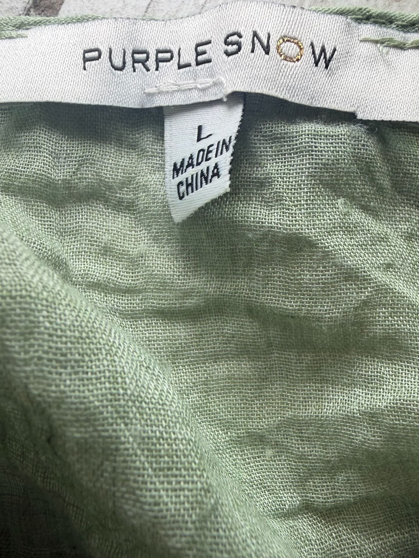 Purple Snow Sage Green Linen Crop Top Boho Smocked Waist Button Front Womens L 9