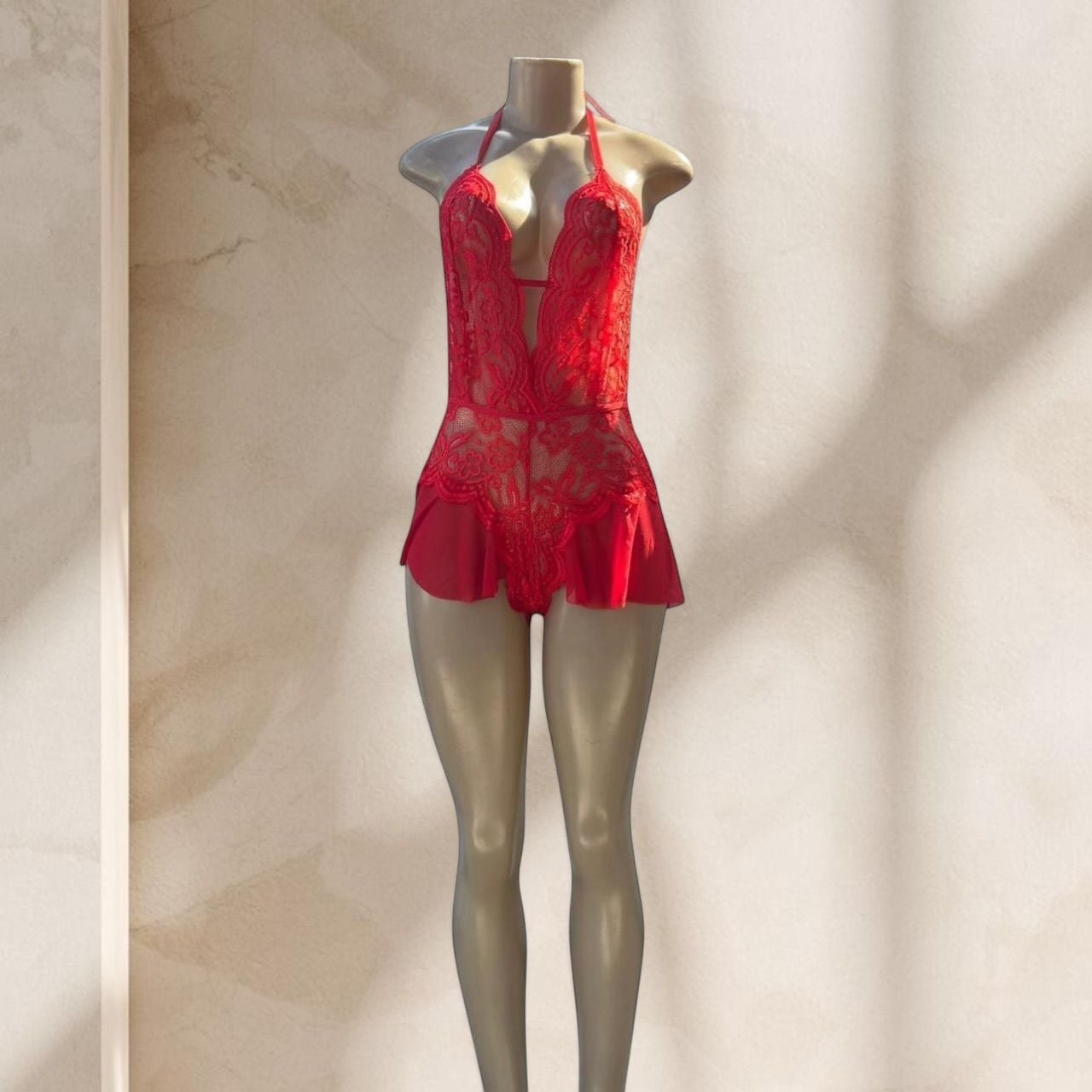 Red Lace Bodysuit Lingerie – Halter Deep V Sheer Ruffle Detail Sexy ✧ M
2