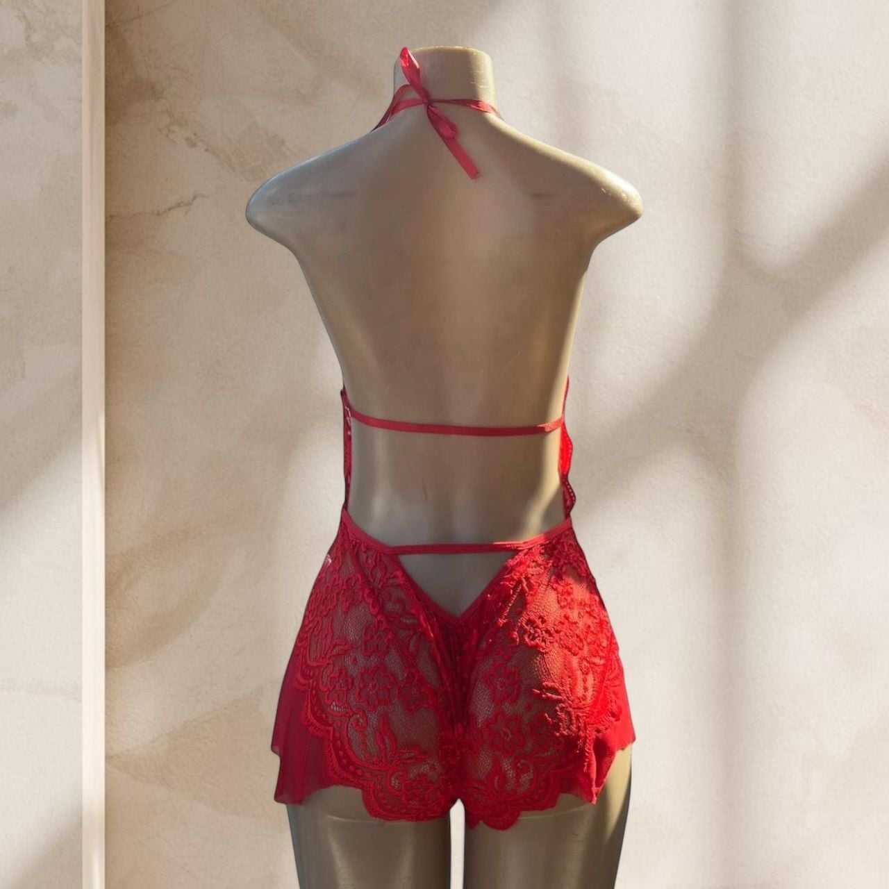 Red Lace Bodysuit Lingerie – Halter Deep V Sheer Ruffle Detail Sexy ✧ M
3