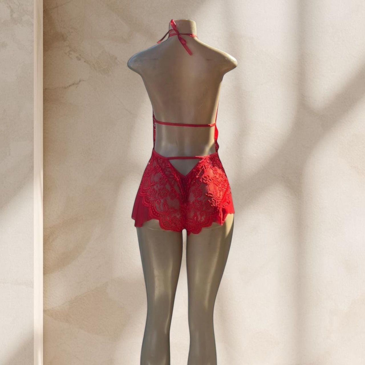 Red Lace Bodysuit Lingerie – Halter Deep V Sheer Ruffle Detail Sexy ✧ M
4