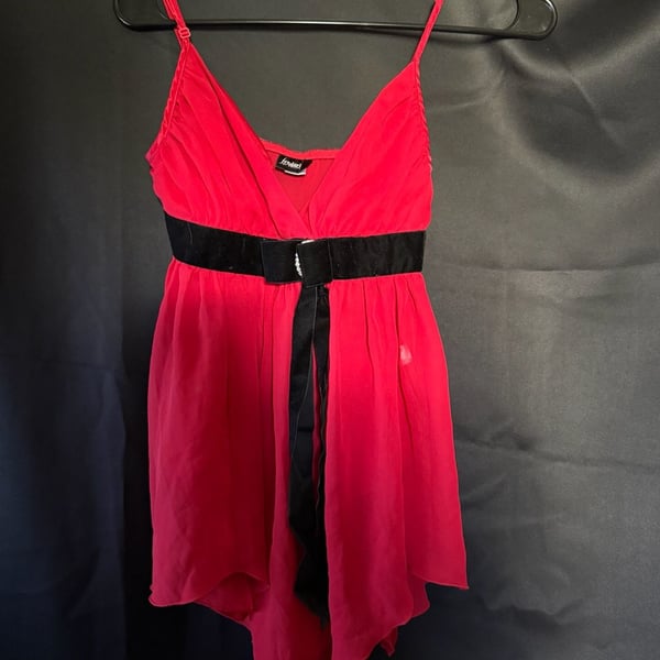 Vintage Frederick's of Hollywood Red Chiffon Babydoll Lingerie Top with Velvet Bow