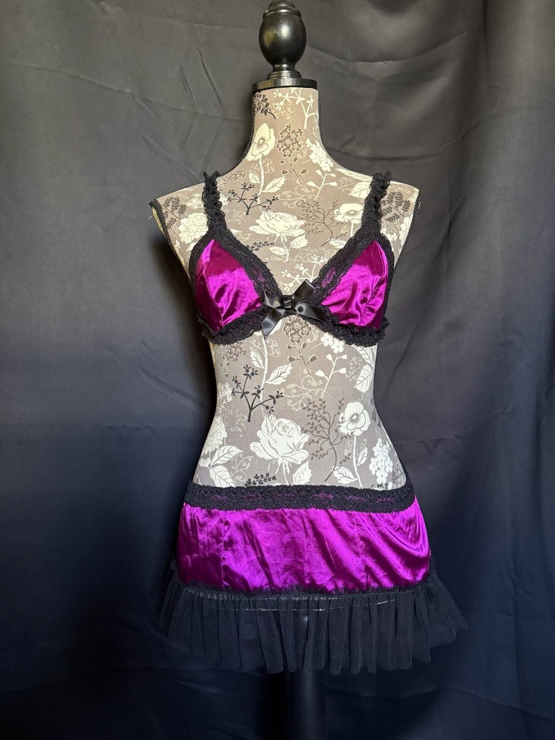 Vintage Frederick's of Hollywood Purple Satin and Black Lace 2-Piece Lingerie Set 1