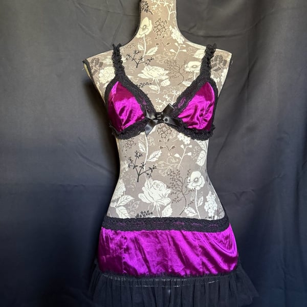 Vintage Frederick's of Hollywood Purple Satin and Black Lace 2-Piece Lingerie Set