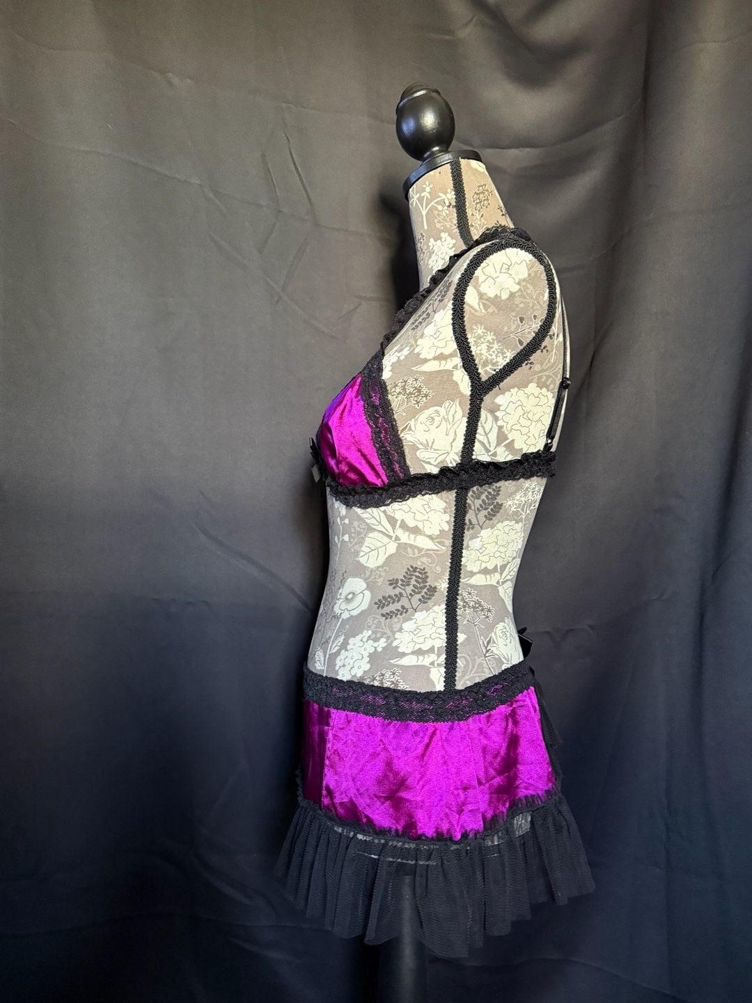 Vintage Frederick's of Hollywood Purple Satin and Black Lace 2-Piece Lingerie Set 3