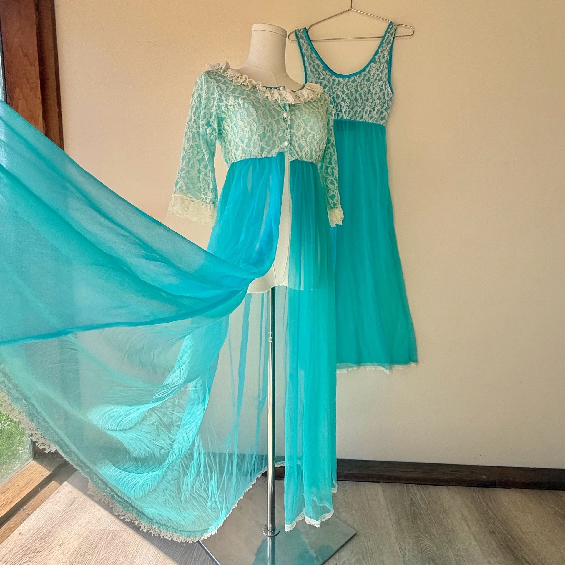 Vintage 1960s Belle Smith Turquoise Nylon Peignoir Set Lace Dress and Sheer Robe 1