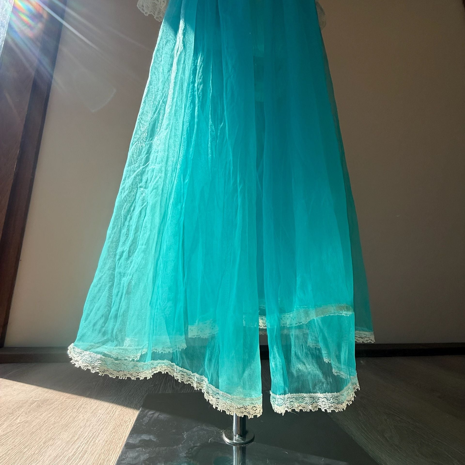 Vintage 1960s Belle Smith Turquoise Nylon Peignoir Set Lace Dress and Sheer Robe 4