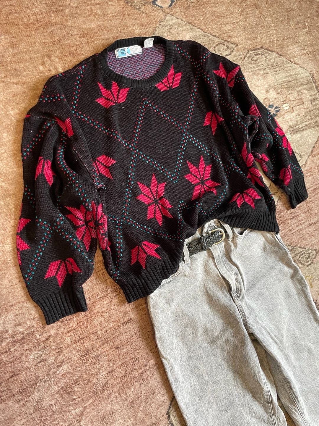 Vtg Gitano Sweater Womens M Navy & Pink Floral Geometric 80s 90s Cropped Knit 5