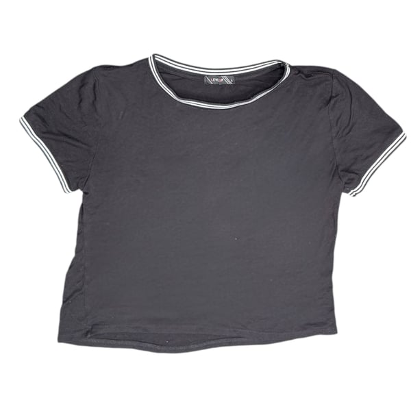 Level Up Women's Black Ringer Cropped Baby Tee with Stripe Detail