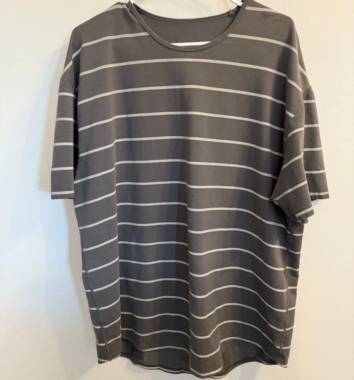 BYLT Basics Lux Blend Drop-Cut Striped Crew Neck Shirt in Gray 2