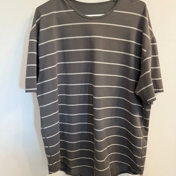 BYLT Basics Lux Blend Drop-Cut Striped Crew Neck Shirt in Gray